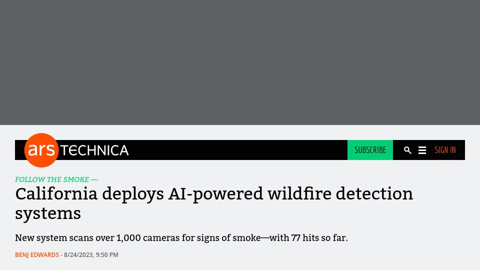 Screenshot of arstechnica.com: California deploys AI-powered wildfire detection systems