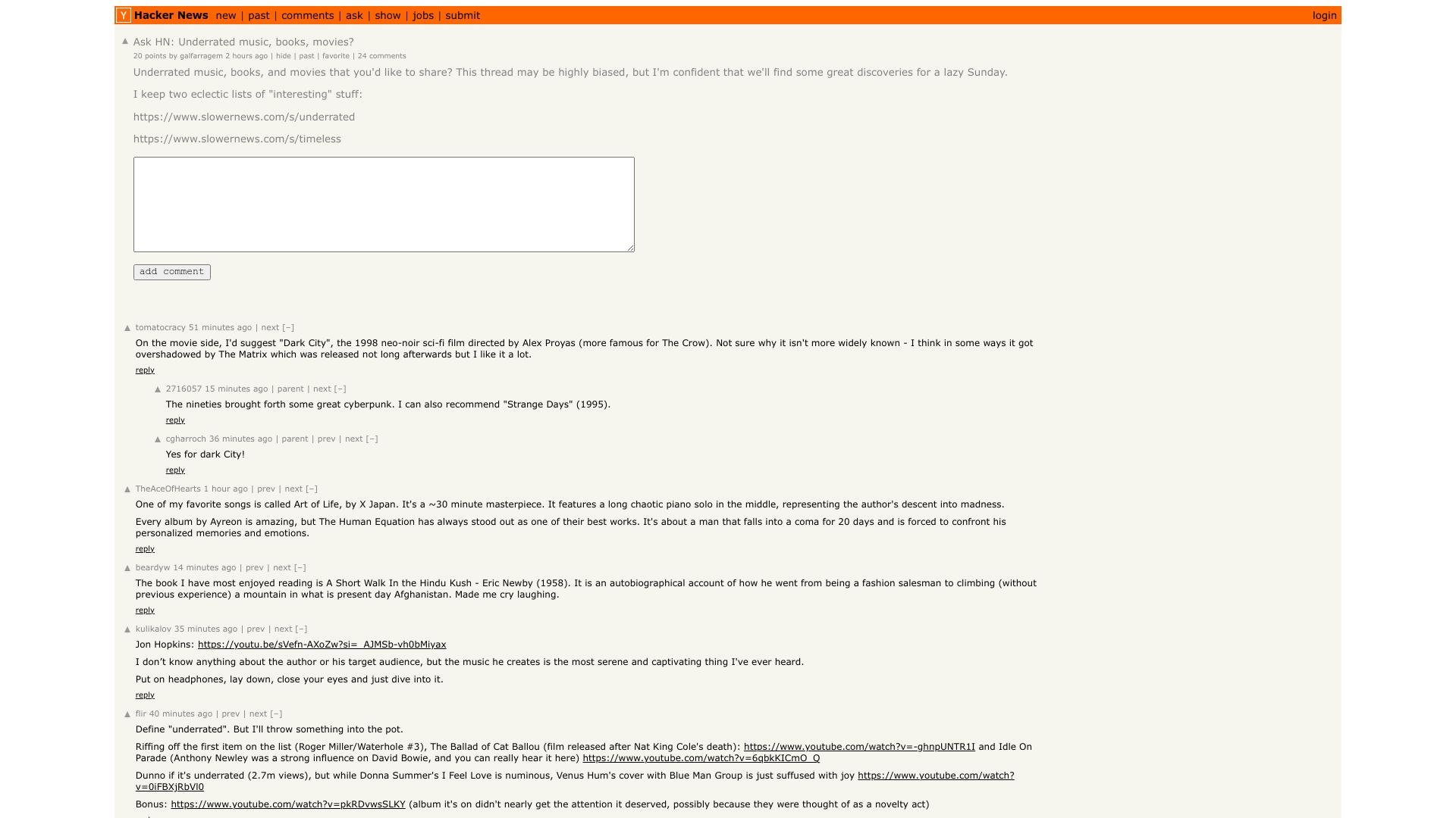 Screenshot of this Hacker News post: Ask HN: Underrated music, books, movies?