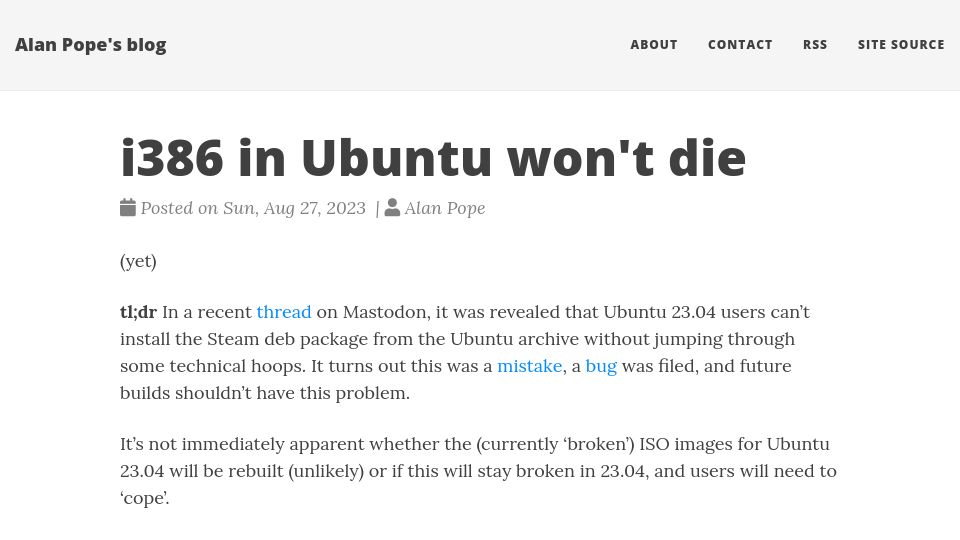 Screenshot of popey.com: i386 in Ubuntu won't die