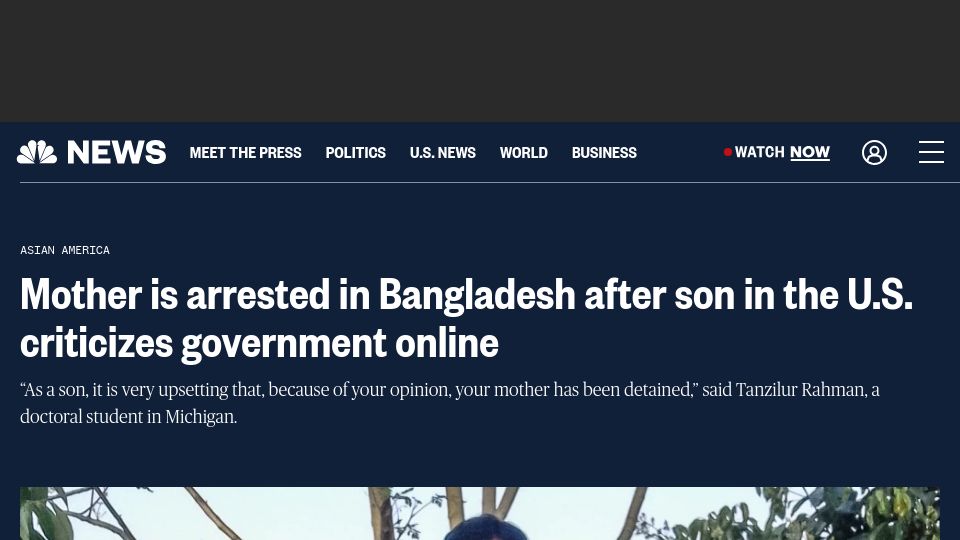 Screenshot of nbcnews.com: Mother is arrested in Bangladesh after son in US criticizes government online
