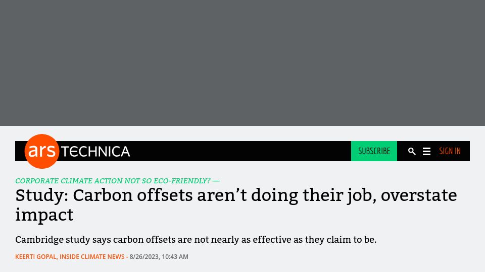 Screenshot of arstechnica.com: Study: Carbon offsets aren’t doing their job, overstate impact
