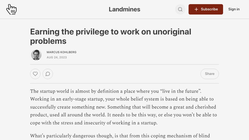 Screenshot of landmines.substack.com: Earning the privilege to work on unoriginal problems