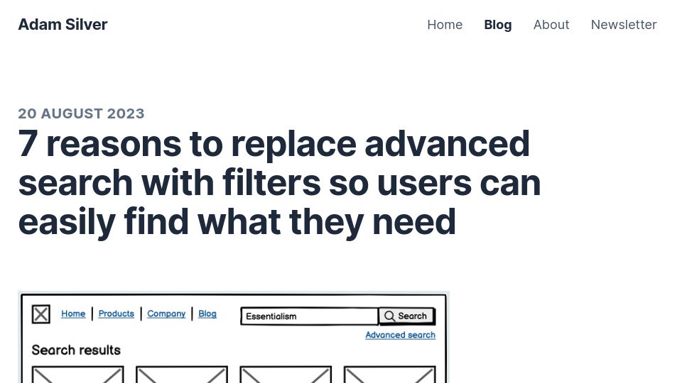 Screenshot of adamsilver.io: Reasons to replace advanced search with filters