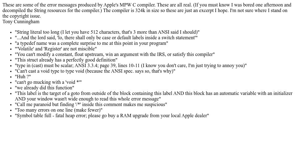 Screenshot of cs.cmu.edu: Some of the error messages produced by Apple's MPW C compiler (2006)