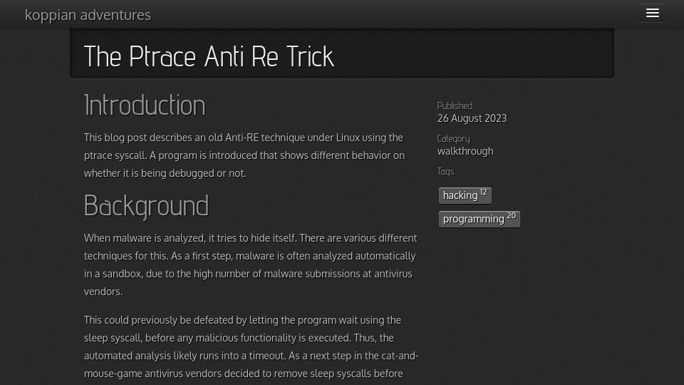 Screenshot of hkopp.github.io: The Ptrace Anti-RE Trick