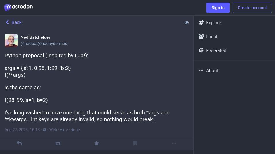 Screenshot of hachyderm.io: Python proposal (inspired by Lua)