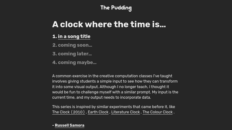 Screenshot of pudding.cool: A clock where the time is in a song title