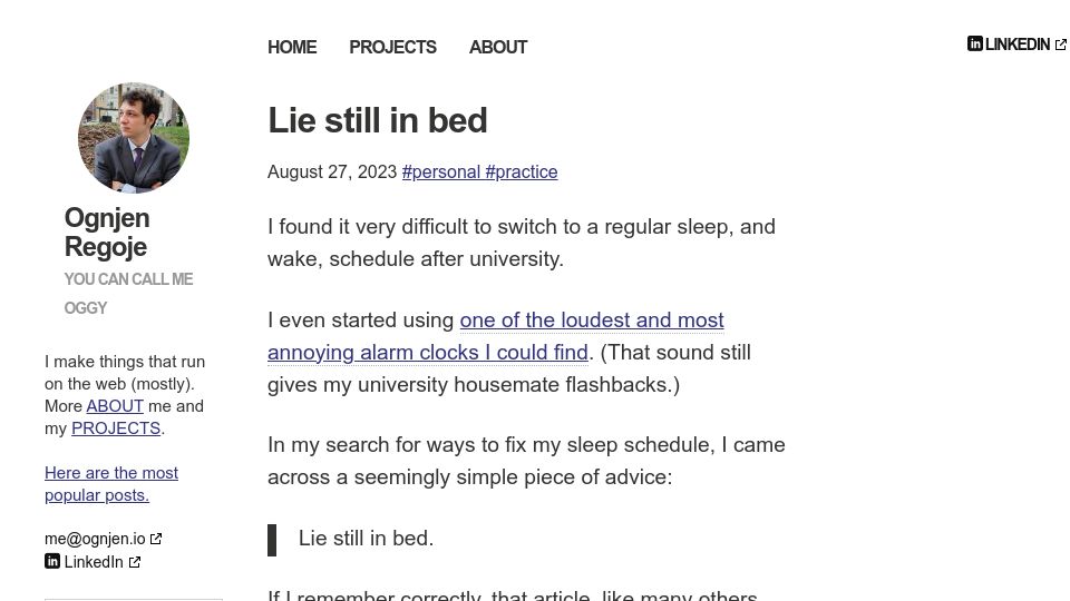 Screenshot of ognjen.io: Lie still in bed