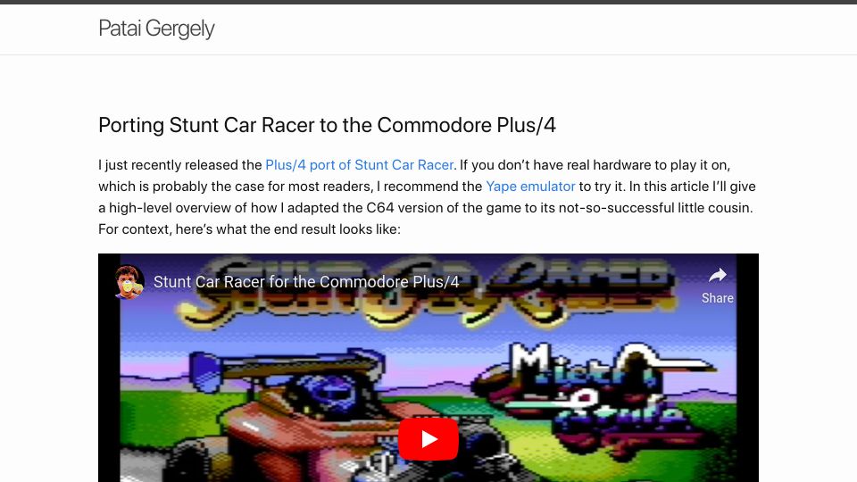 Screenshot of cobbpg.github.io: Porting Stunt Car Racer to the Commodore Plus/4