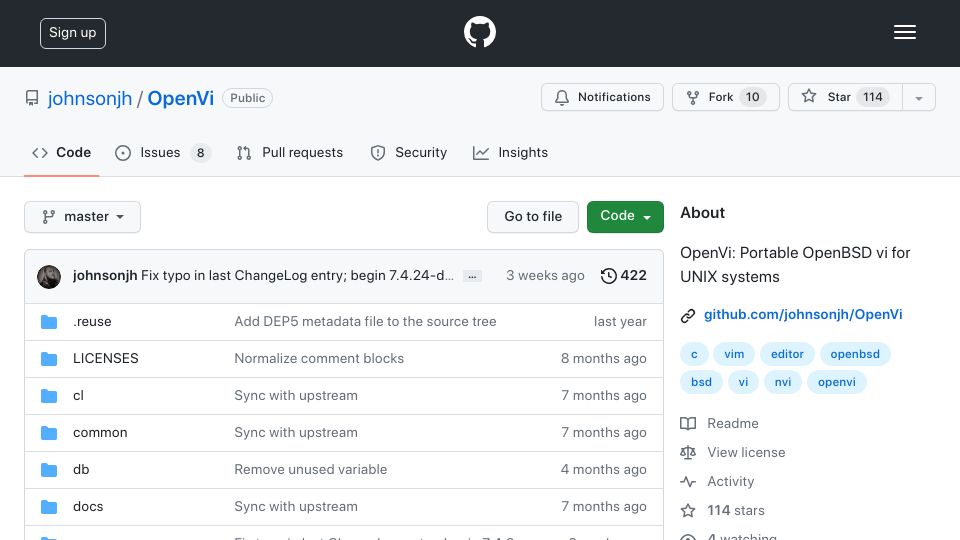 Screenshot of github.com: Portable OpenBSD vi for Unix systems