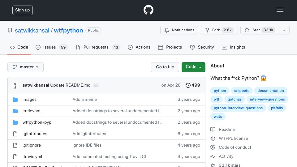 Screenshot of github.com: WTFPython: Exploring and understanding Python through surprising snippets