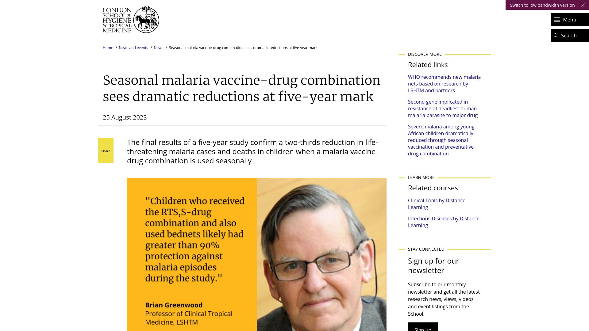Screenshot of lshtm.ac.uk: Seasonal malaria vaccine-drug combo sees dramatic reductions at 5-year mark