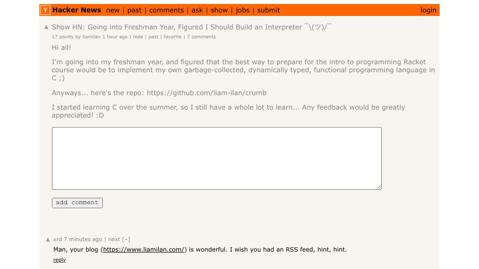 Screenshot of Hacker News post: Show HN: Going into freshman year, figured I should build an interpreter