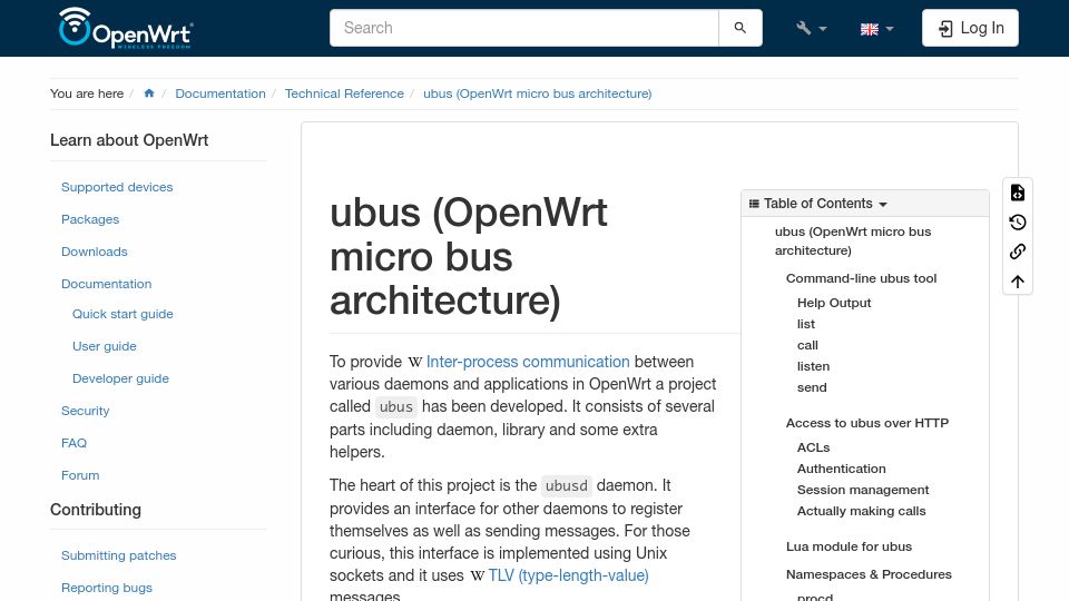 Screenshot of openwrt.org: Ubus (OpenWrt micro bus architecture)
