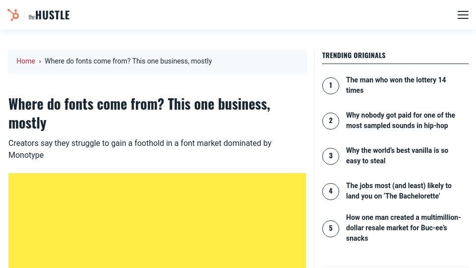 Screenshot of thehustle.co: Where do fonts come from? Monotype, mostly