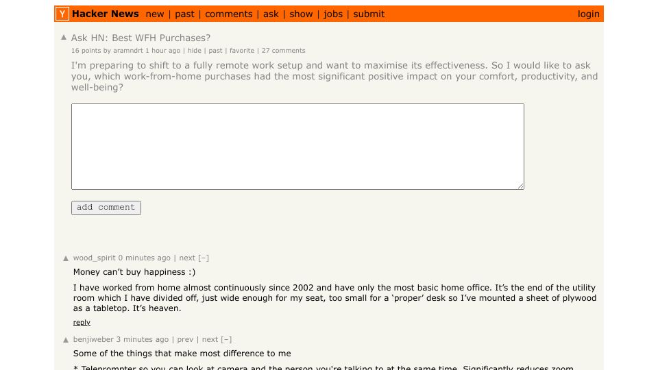 Screenshot of Hacker News post: Ask HN: Best WFH Purchases?