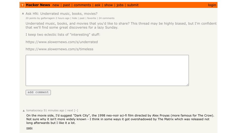Screenshot of Hacker News post: Ask HN: Underrated music, books, movies?