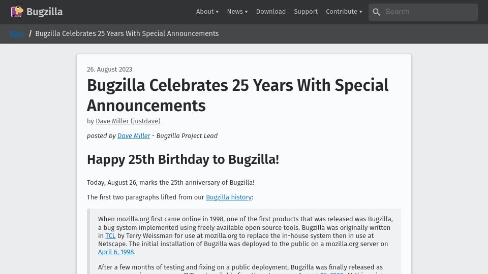 Screenshot of bugzilla.org: Happy 25th Birthday to Bugzilla