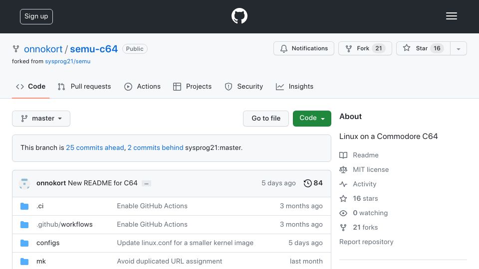 Screenshot of github.com: Linux on a Commodore 64