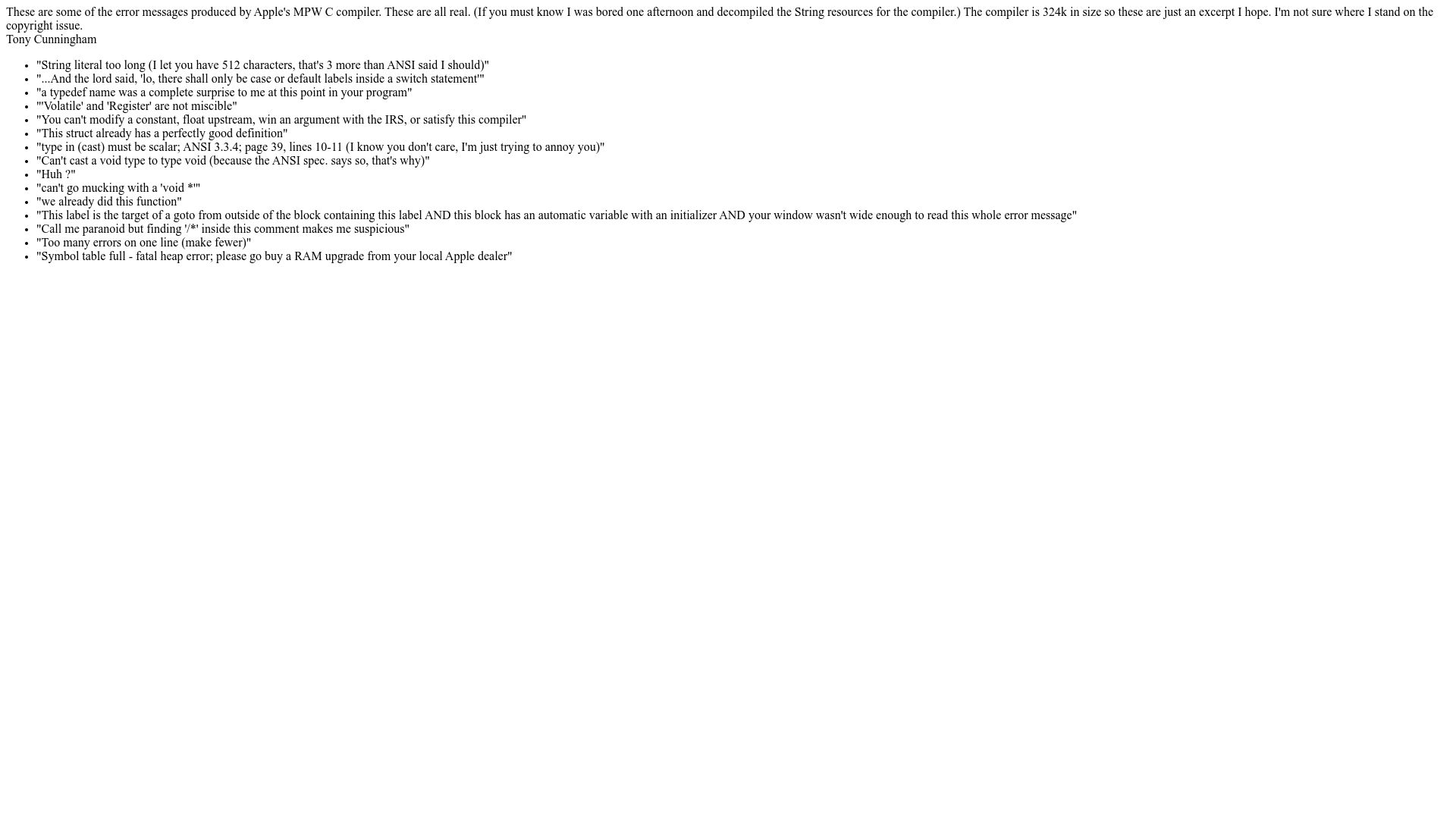 Screenshot of cs.cmu.edu: Some of the error messages produced by Apple's MPW C compiler (2006)