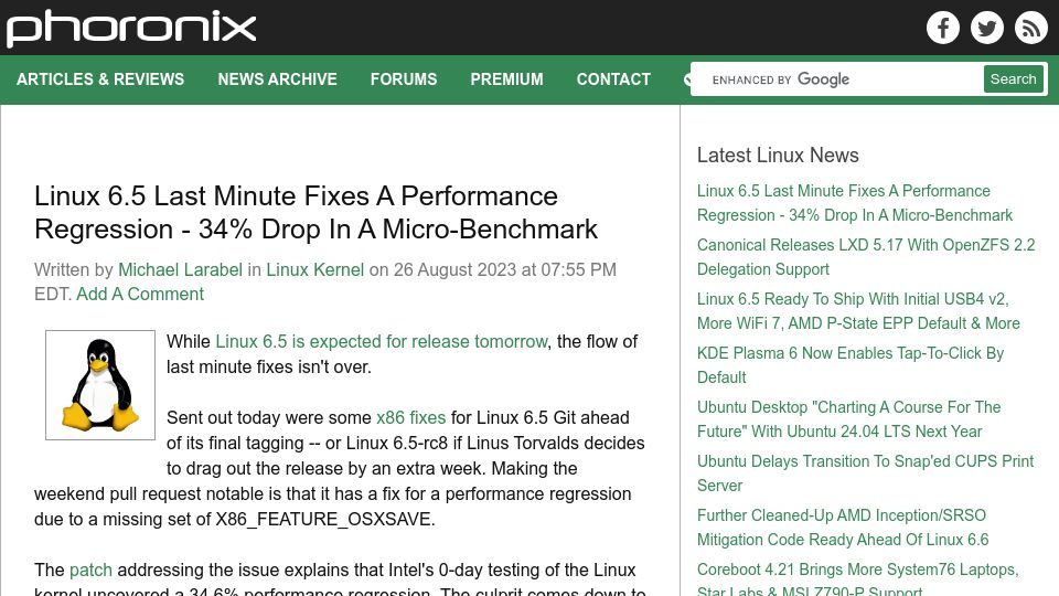 Screenshot of phoronix.com: Linux 6.5 Last Minute Fixes a Performance Regression, 34% Drop in a Benchmark