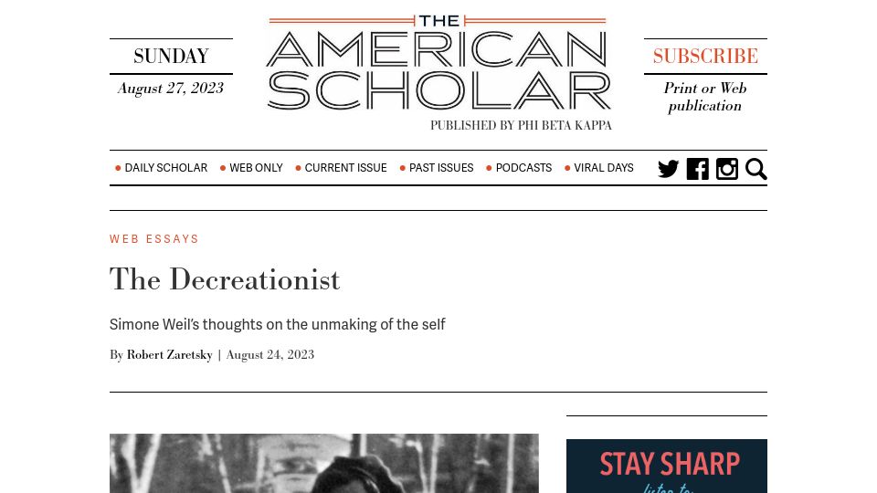 Screenshot of theamericanscholar.org: The Decreationist: Simone Weil’s thoughts on the unmaking of the self