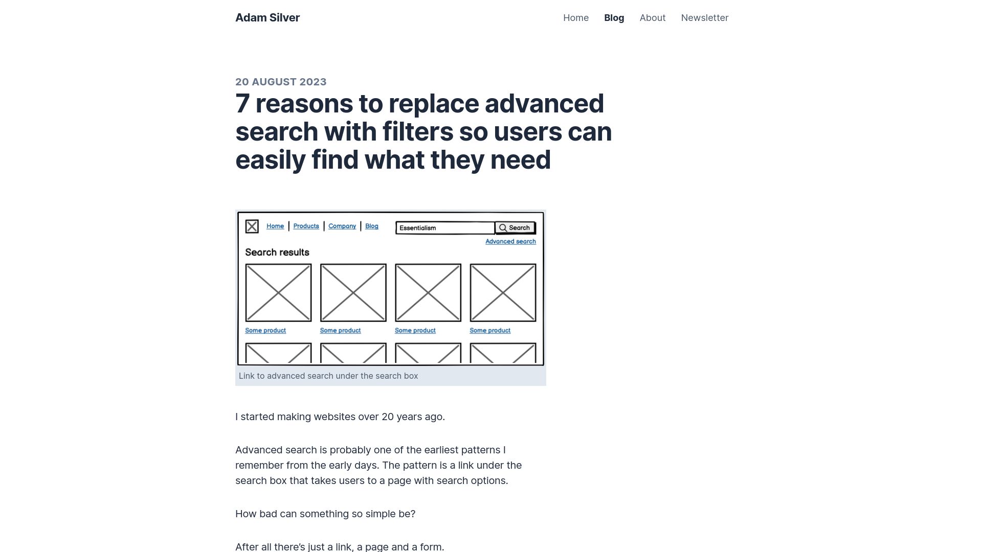 Screenshot of adamsilver.io: Reasons to replace advanced search with filters