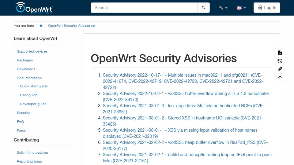Screenshot of openwrt.org: OpenWrt Security Advisories