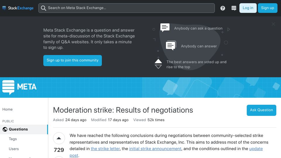 Screenshot of meta.stackexchange.com: Moderation Strike: Results of Negotiations