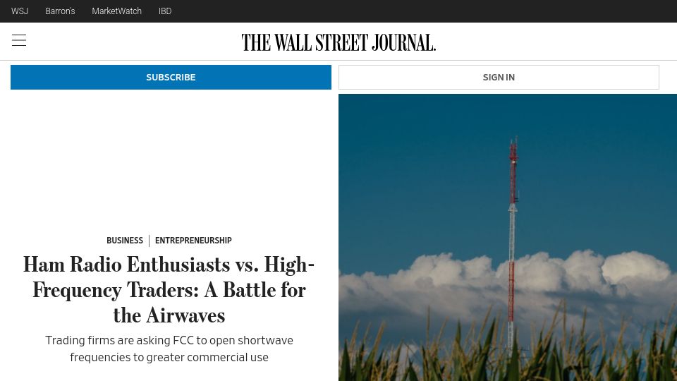 Screenshot of wsj.com: Ham radio enthusiasts vs. High-frequency traders: A battle for the airwaves