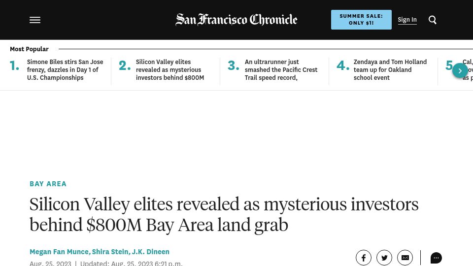 Screenshot of sfchronicle.com: Silicon Valley elites revealed as investors behind $800M Bay Area land grab