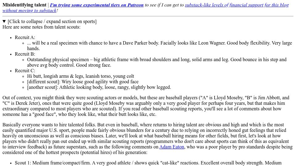 Screenshot of danluu.com: Misidentifying Talent (2022)
