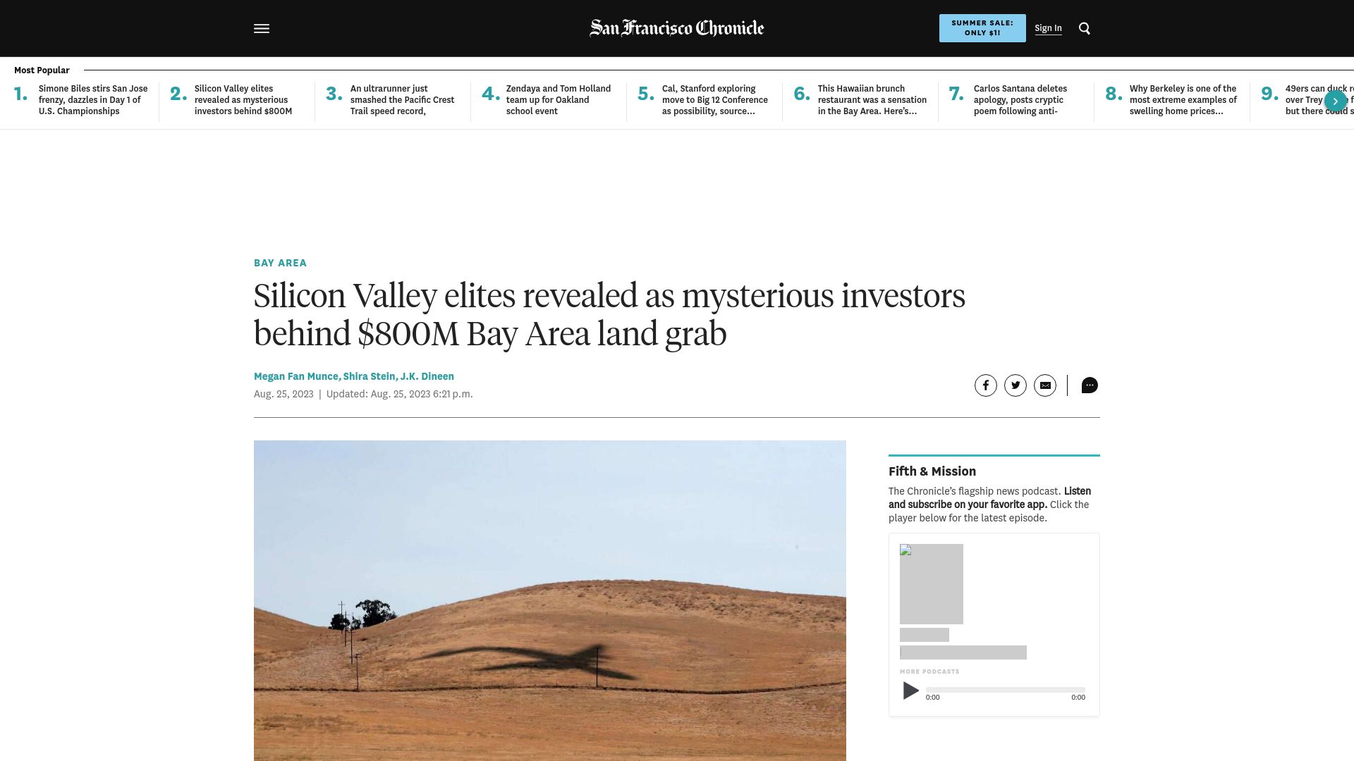 Screenshot of sfchronicle.com: Silicon Valley elites revealed as investors behind $800M Bay Area land grab
