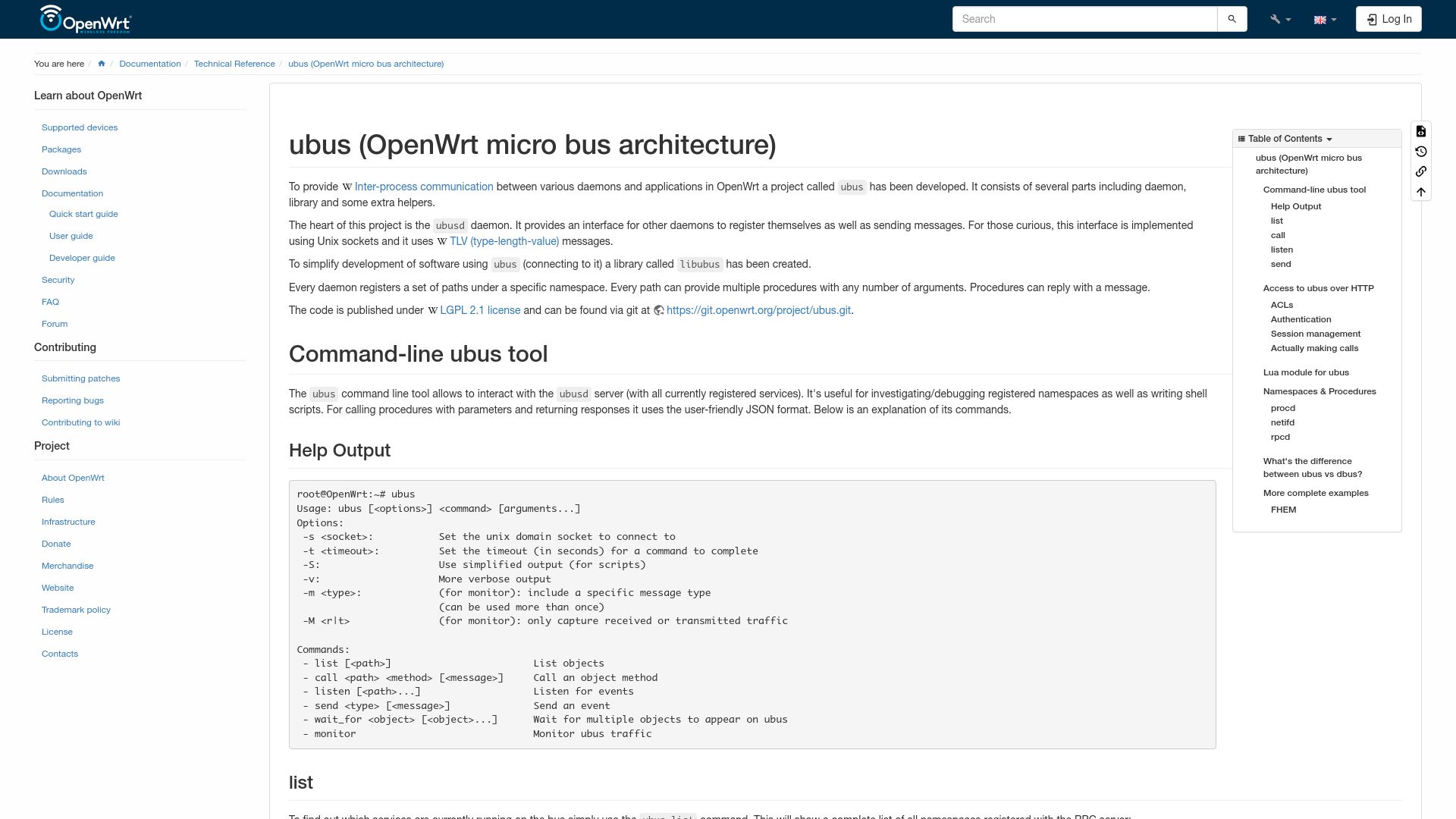 Screenshot of openwrt.org: Ubus (OpenWrt micro bus architecture)