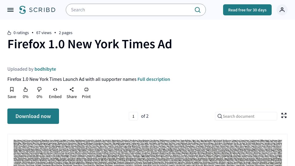 Screenshot of scribd.com: Firefox 1.0 New York Times ad (2004)
