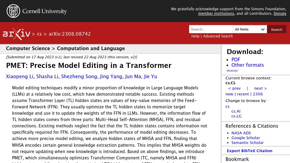 Screenshot of arxiv.org: PMET: Precise Model Editing in a Transformer