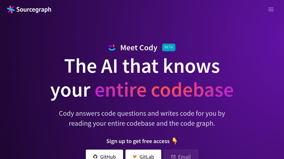 Screenshot of about.sourcegraph.com: Cody – The AI that knows your entire codebase