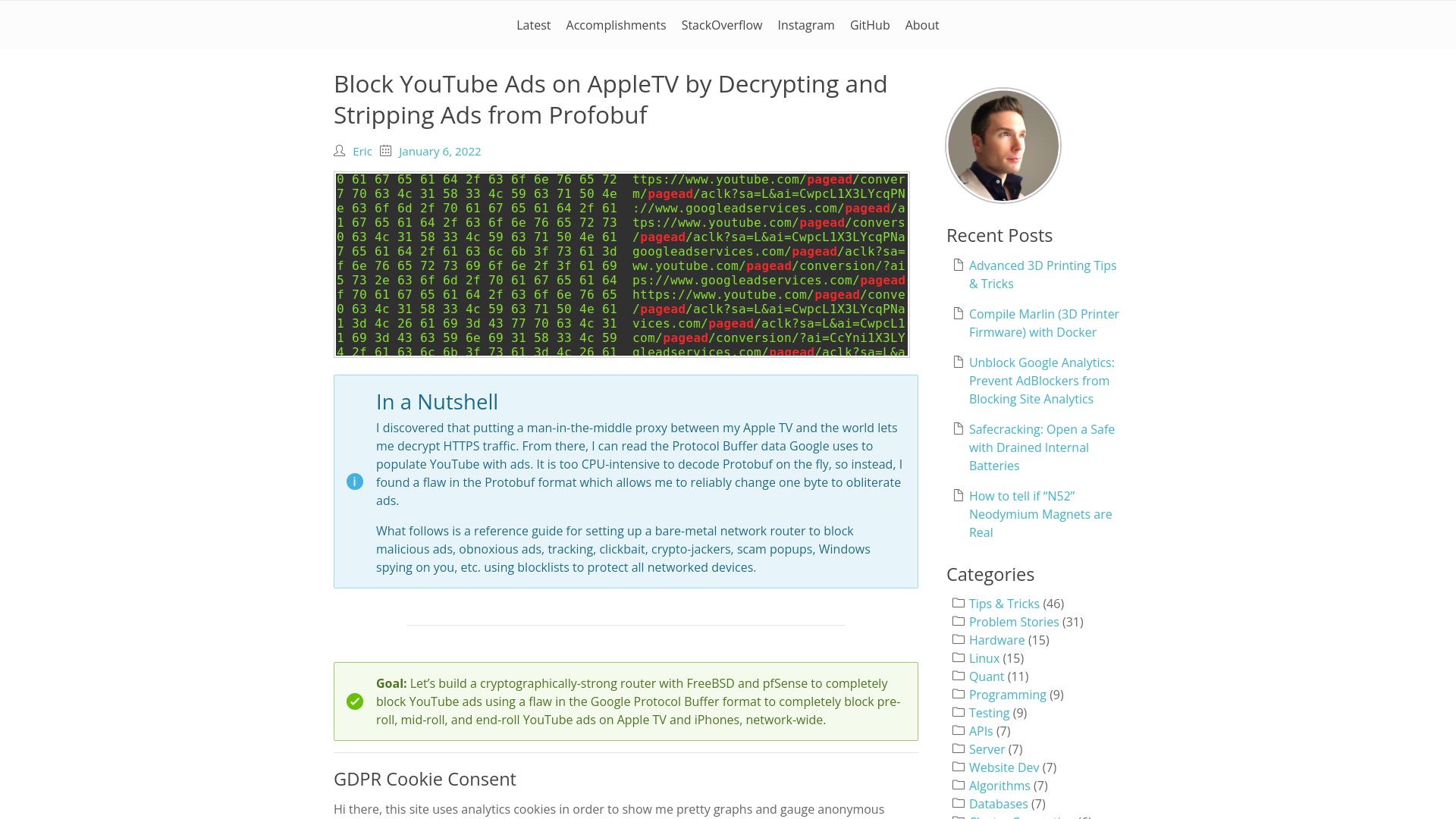 Screenshot of ericdraken.com: Block YouTube ads on AppleTV by decrypting and stripping ads from Profobuf