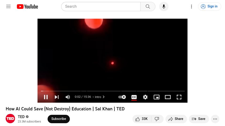 Screenshot of youtube.com: Sal Khan: How AI could save (not destroy) education [video]