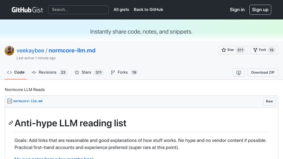 Screenshot of gist.github.com: Anti-AI Hype LLM Reading List