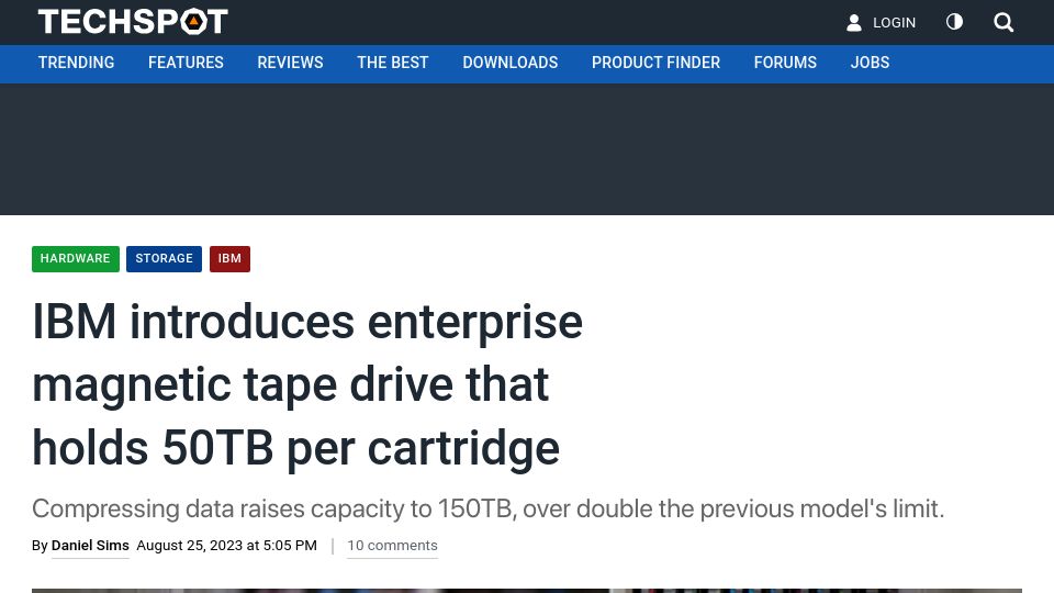 Screenshot of techspot.com: IBM introduces enterprise magnetic tape drive that holds 50TB per cartridge