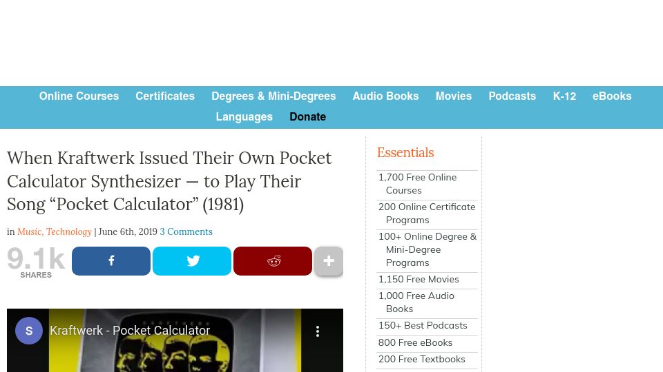 Screenshot of openculture.com: Kraftwerk issued their own pocket calculator synthesizer (2019)