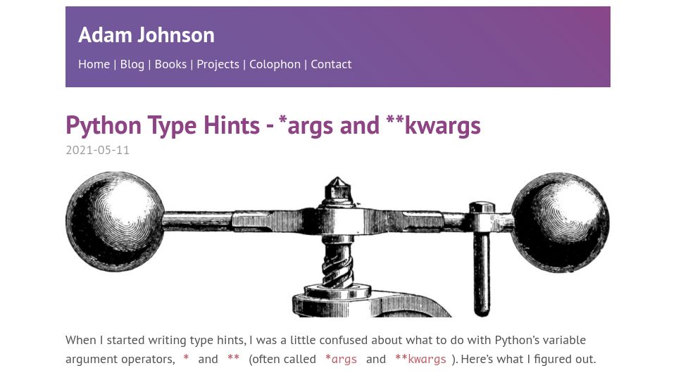 Screenshot of adamj.eu: Python Type Hints – *args and **kwargs (2021)