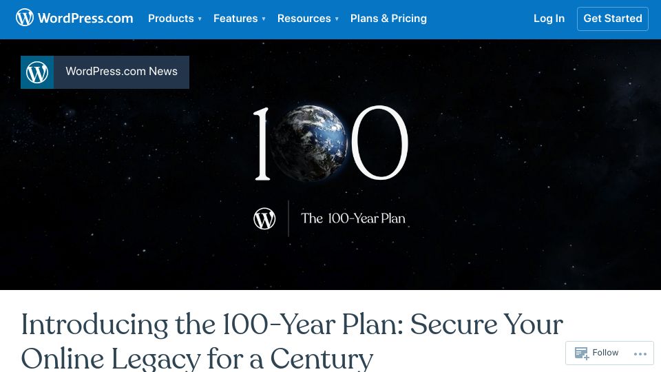 Screenshot of wordpress.com: WordPress introduces 100 year domain registrations