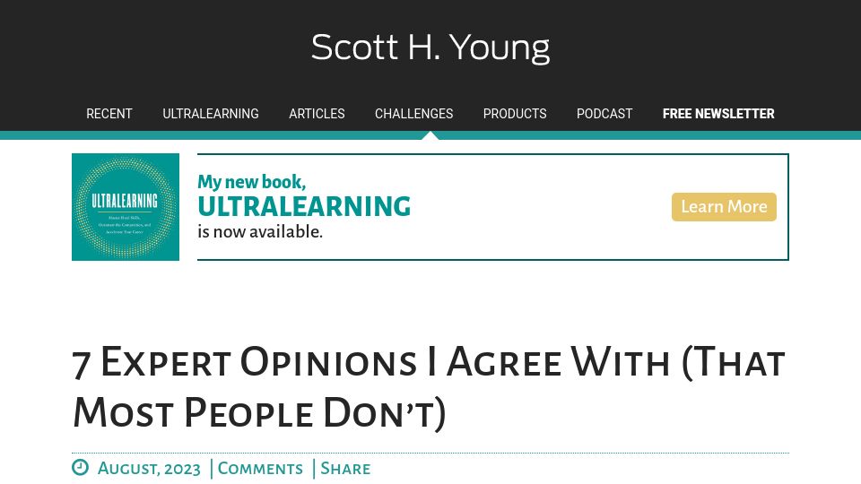 Screenshot of scotthyoung.com: Expert Opinions I Agree with (That Most People Don’t)