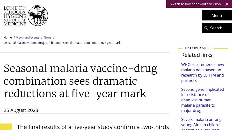 Screenshot of lshtm.ac.uk: Seasonal malaria vaccine-drug combo sees dramatic reductions at 5-year mark