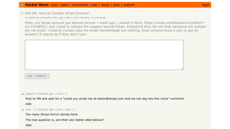 Screenshot of Hacker News post: Ask HN: How to Contact Stripe Directly?