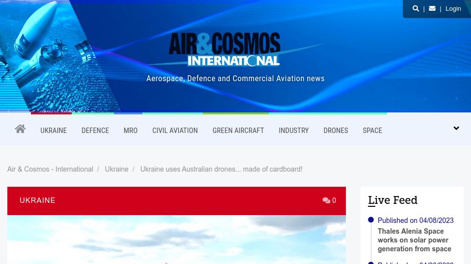 Screenshot of aircosmosinternational.com: Ukraine uses Australian drones made of cardboard