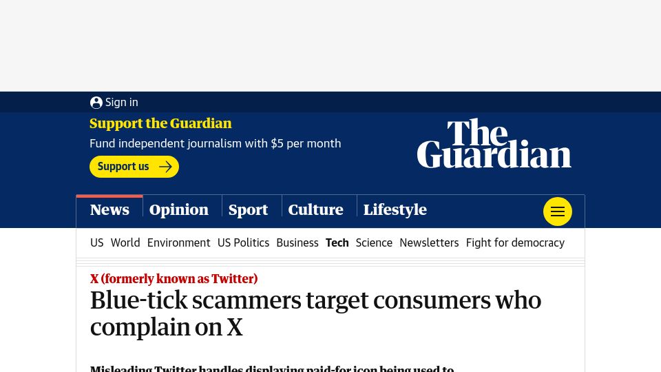 Screenshot of theguardian.com: Consumers complaining on X targeted by scammers after verification changes