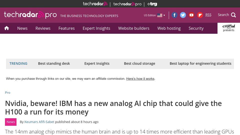 Screenshot of techradar.com: IBM analog AI chip could give the Nvidia H100 a run for its money
